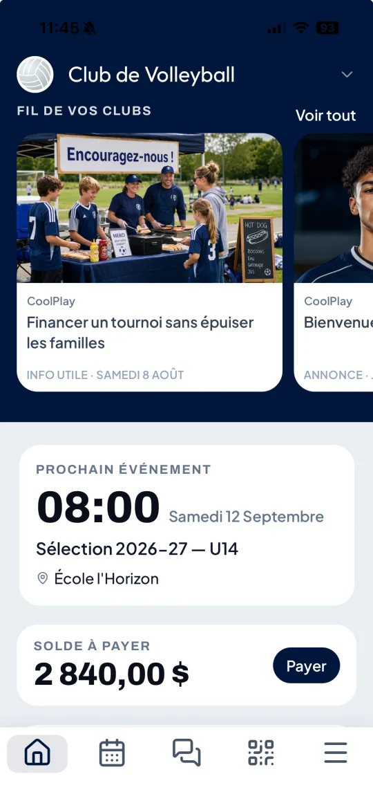 Écran d'accueil de l'application CoolPlay : le fil du club, le prochain événement et le solde à payer.