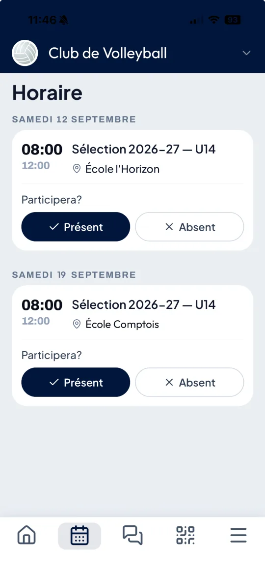 Écran Horaire de l'application CoolPlay : chaque séance avec son lieu, et les boutons Présent ou Absent.