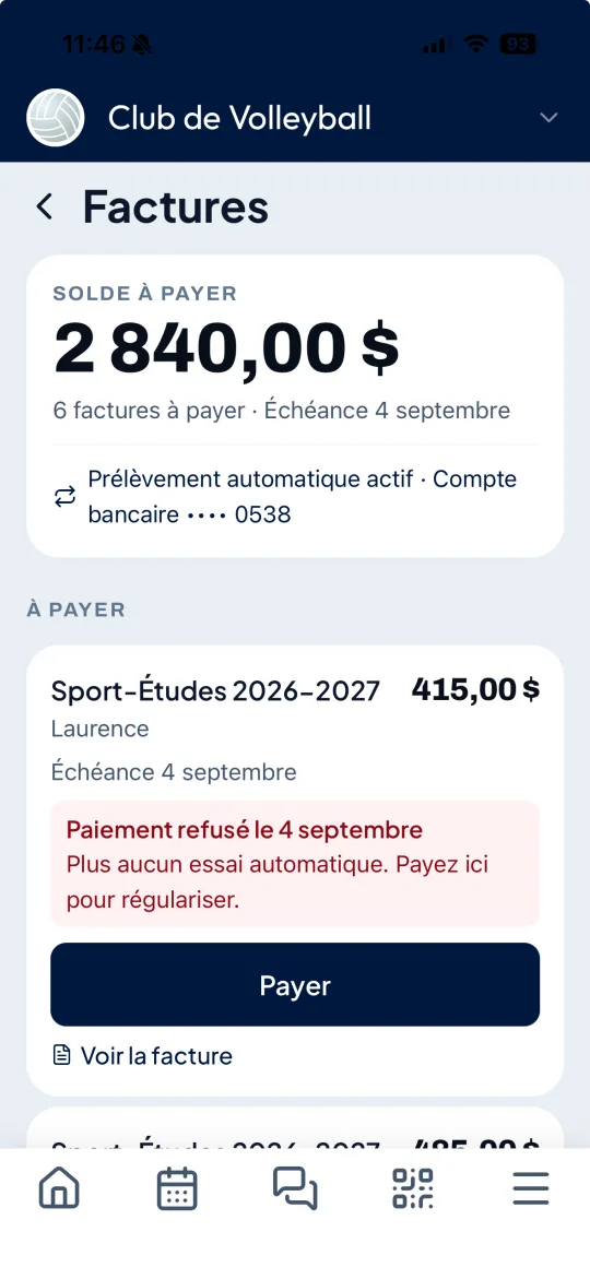 Écran Factures de l'application CoolPlay : le solde à payer, le prélèvement automatique et le bouton Payer.